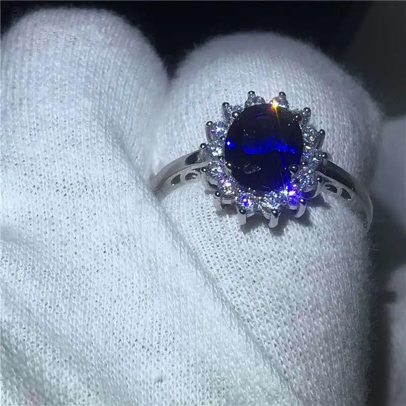 Elegant Princess Kate Blue Gem Created Blue Crystal Ring for Women Silver Color Wedding Finger Crystal Ring Brand Jewelry