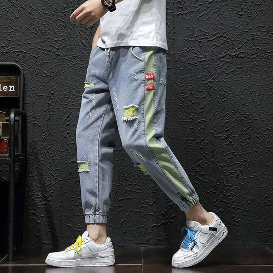Ripped jeans men's thin section nine-point loose stitching harem trousers tied color contrast large size pants tide brand