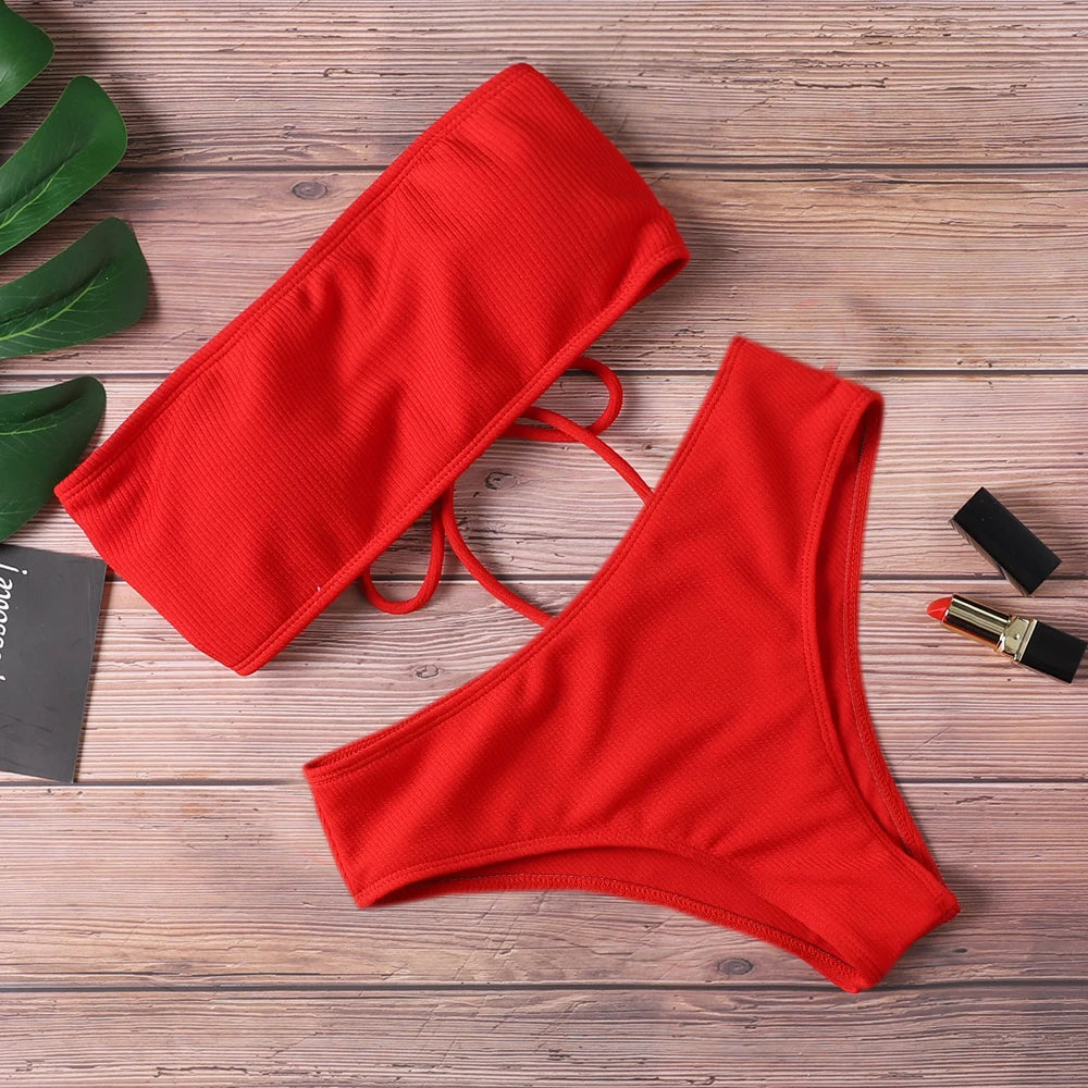 New Bikini Women Swimwear High Waist Strapless Sexy Bikini Pure Color Women Swimsuit Padded Bathing Suit