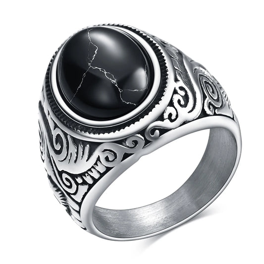 Wholesale Retro Jewelry turquoise Stone Rings For Men Titanium Steel Inlaid Three Colors Onyx Ring Men Domineering Opal Ring