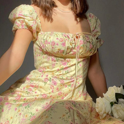 Women Floral Print Split Dress Sweet Puff Short Sleeve Square Collar Slim Fit Maxi Dress Holiday Summer Casual Sexy A-Line Dress