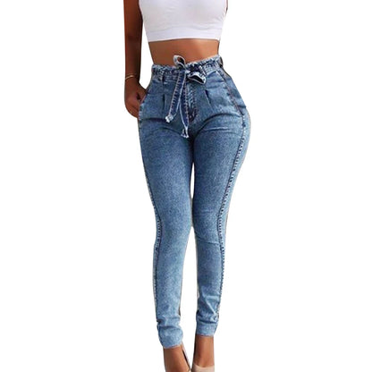 Women Fashion Belted High Waist Skinny Jeans lady Stretch Denim Tassel belt Bandage Female Long Pants