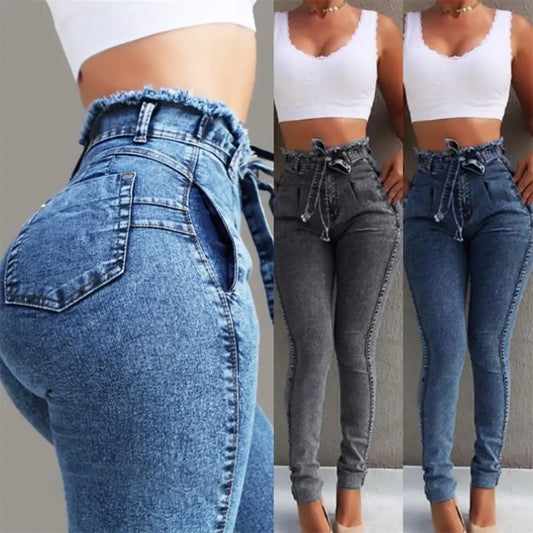 Women Fashion Belted High Waist Skinny Jeans lady Stretch Denim Tassel belt Bandage Female Long Pants