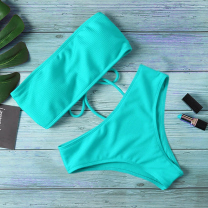 New Bikini Women Swimwear High Waist Strapless Sexy Bikini Pure Color Women Swimsuit Padded Bathing Suit