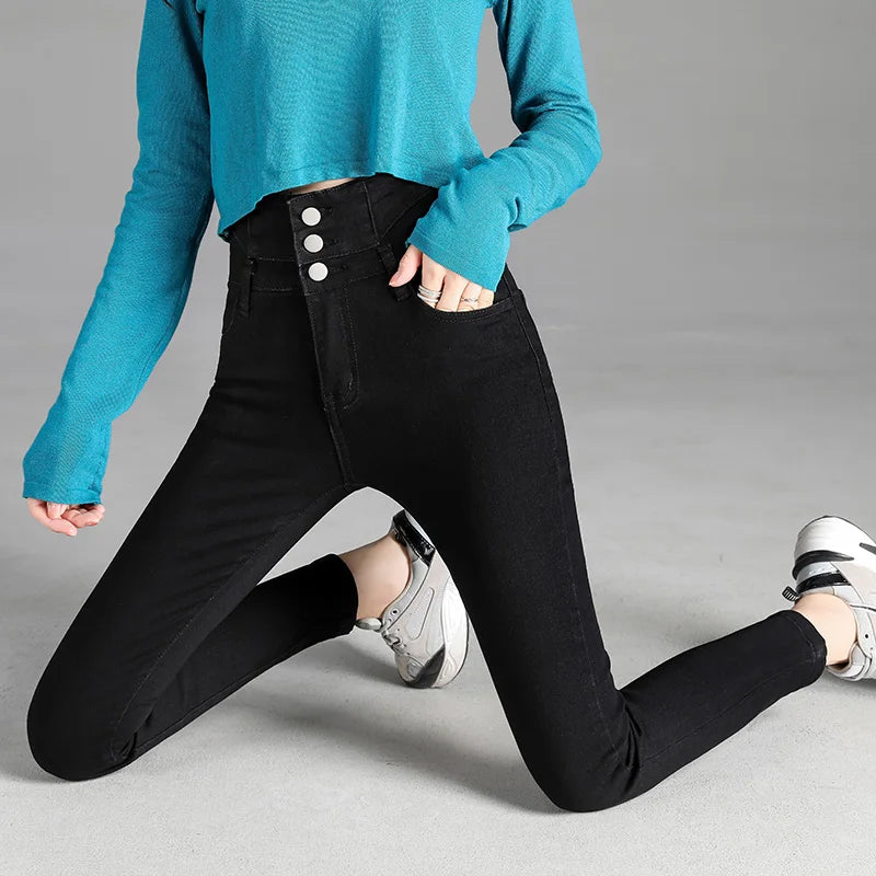 High-quality New Vintage High-waist Stretch Skinny Jeans, Women's Fashion Stretch Button Pencil Pants, Mom Casual Jeans Pants