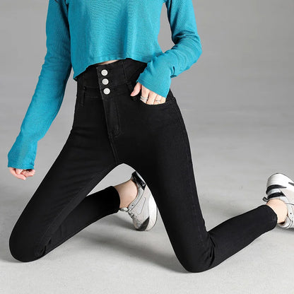 High-quality New Vintage High-waist Stretch Skinny Jeans, Women's Fashion Stretch Button Pencil Pants, Mom Casual Jeans Pants