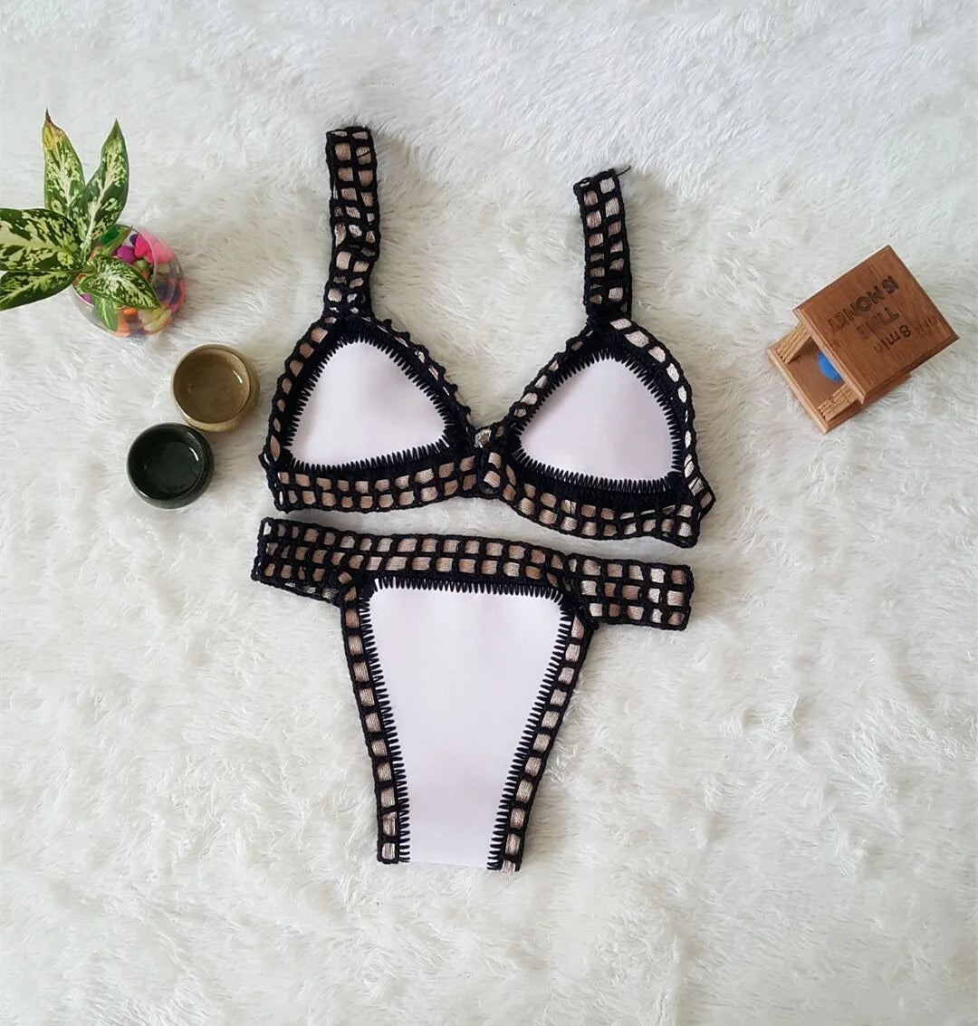 Women Handmade Crochet Knit Swimwear Halter Patchwork Bathing Suit Swimsuit Biquini Thong Bikini traje de bano