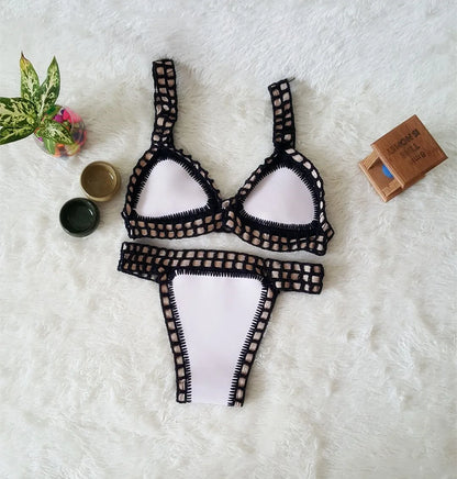 Women Handmade Crochet Knit Swimwear Halter Patchwork Bathing Suit Swimsuit Biquini Thong Bikini traje de bano
