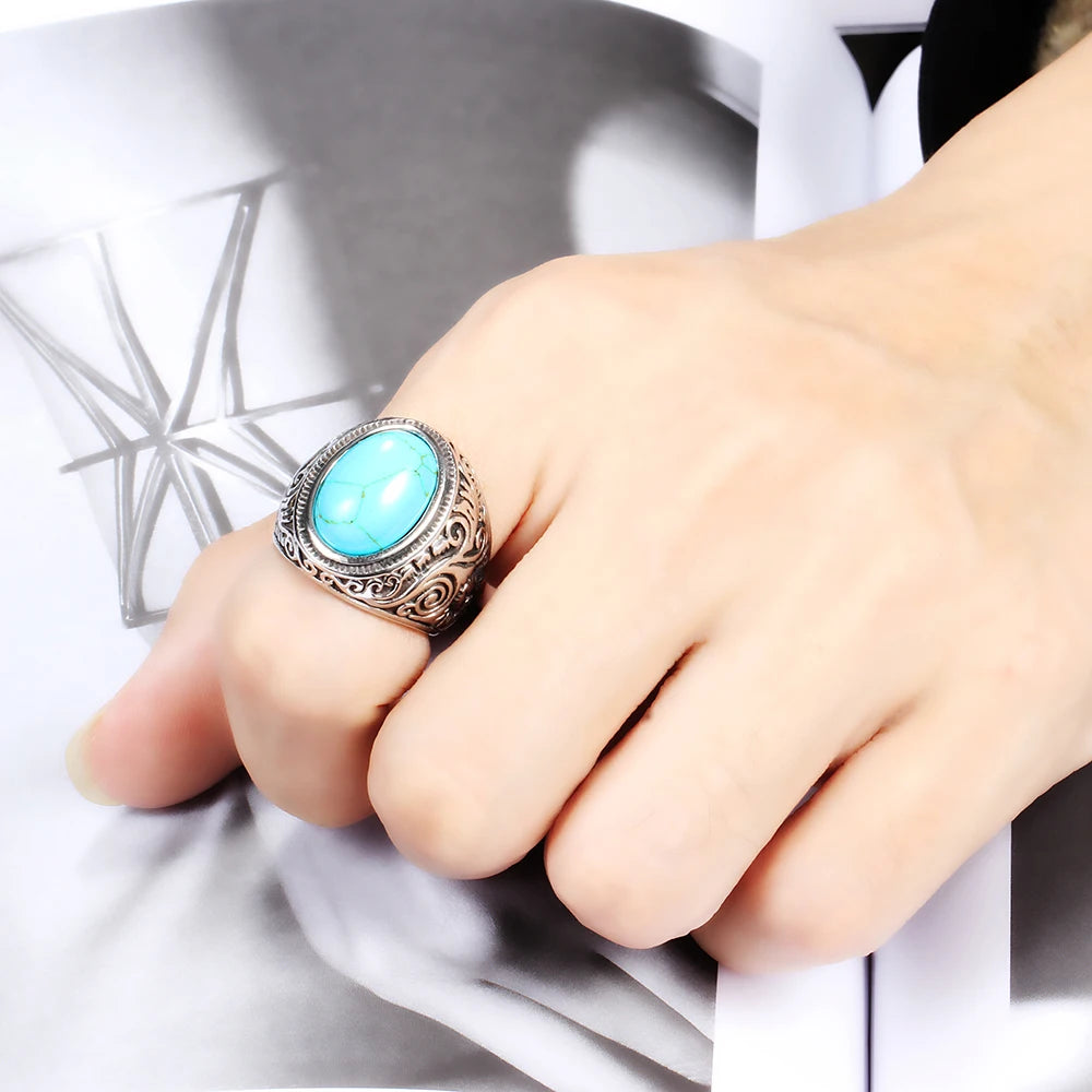 Wholesale Retro Jewelry turquoise Stone Rings For Men Titanium Steel Inlaid Three Colors Onyx Ring Men Domineering Opal Ring