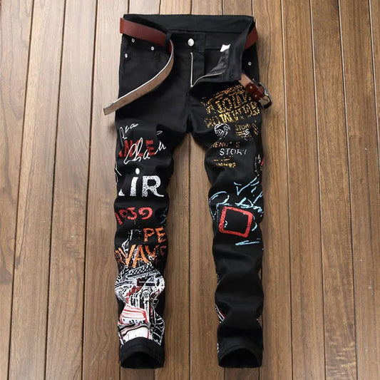 Sokotoo Men's letters pattern printed black jeans Fashion painted slim fit stretch cotton denim pencil pants