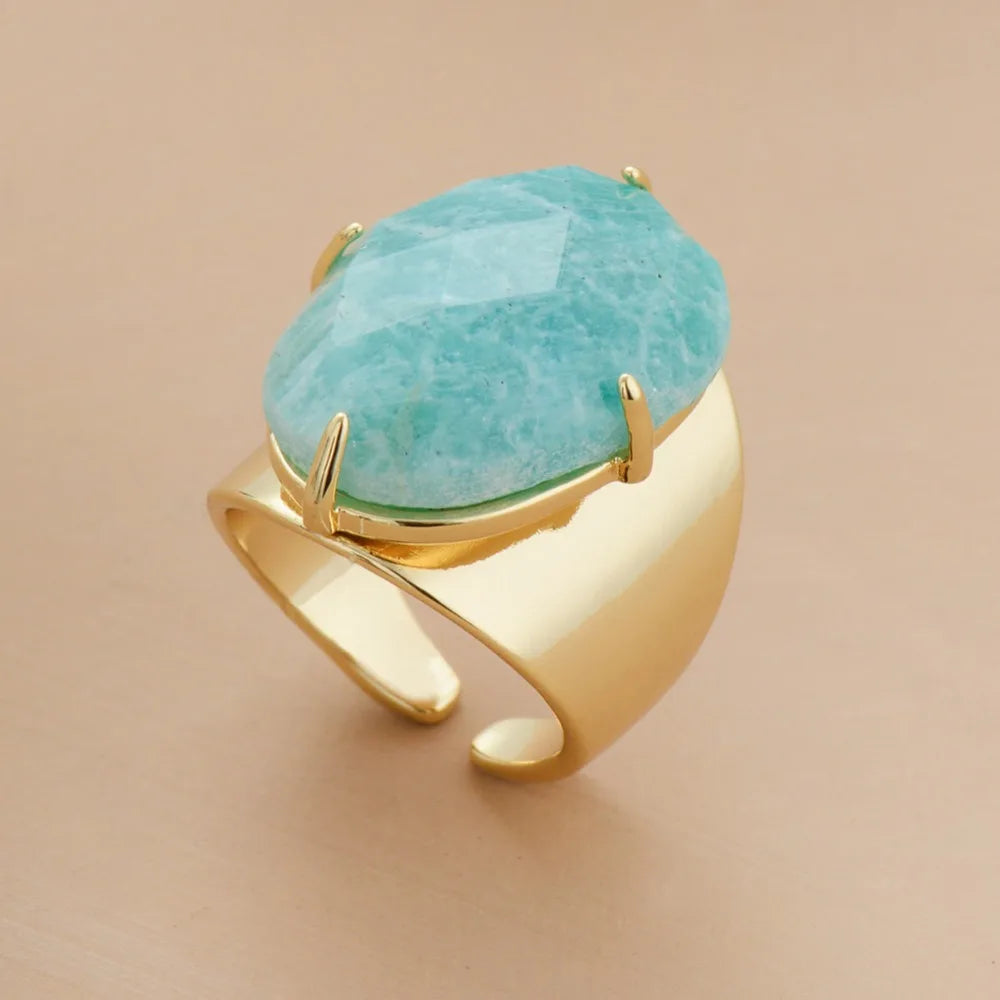 Big Stone Rings High Quality Jewelry New Fashion Gold Plated Amazonite Luxury Party Ring Size 7