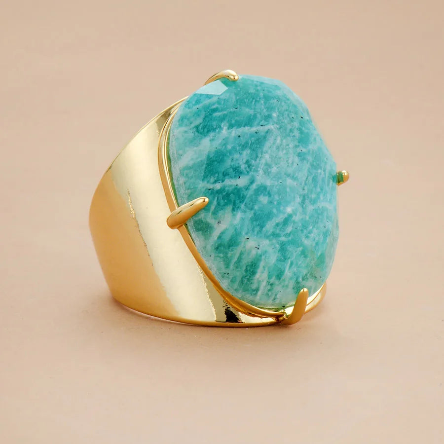 Big Stone Rings High Quality Jewelry New Fashion Gold Plated Amazonite Luxury Party Ring Size 7