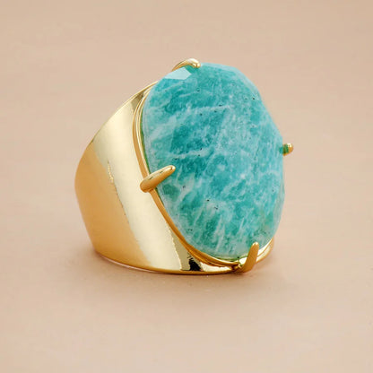 Big Stone Rings High Quality Jewelry New Fashion Gold Plated Amazonite Luxury Party Ring Size 7
