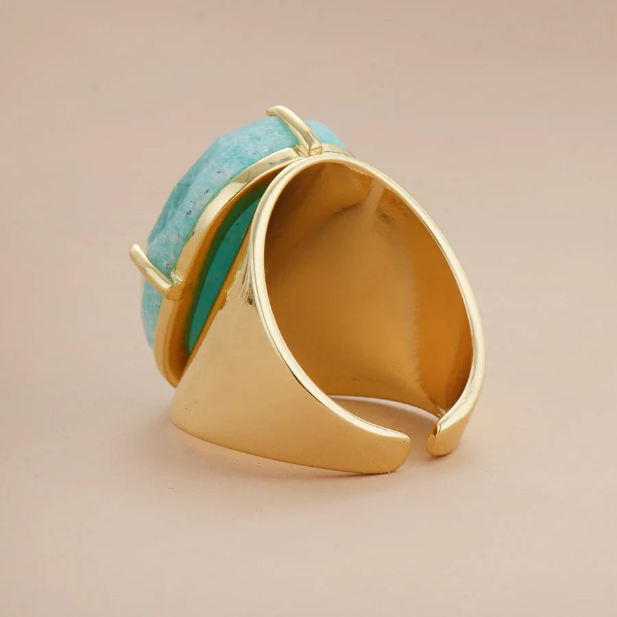 Big Stone Rings High Quality Jewelry New Fashion Gold Plated Amazonite Luxury Party Ring Size 7
