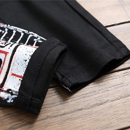 Sokotoo Men's letters pattern printed black jeans Fashion painted slim fit stretch cotton denim pencil pants