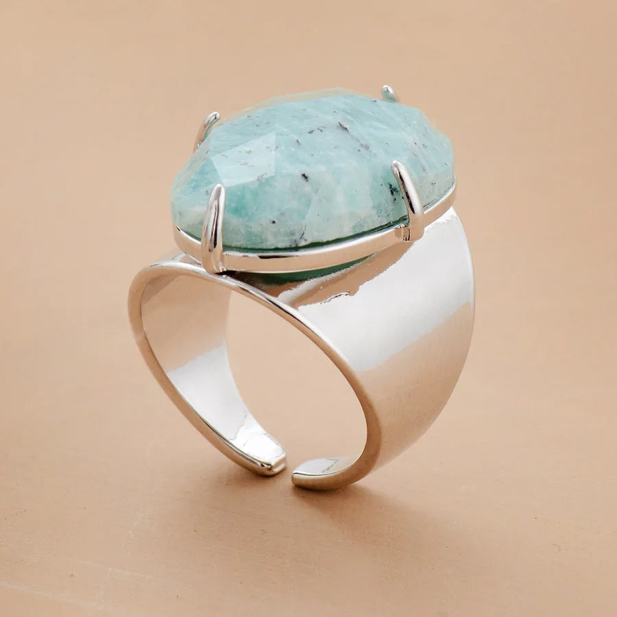 Big Stone Rings High Quality Jewelry New Fashion Gold Plated Amazonite Luxury Party Ring Size 7