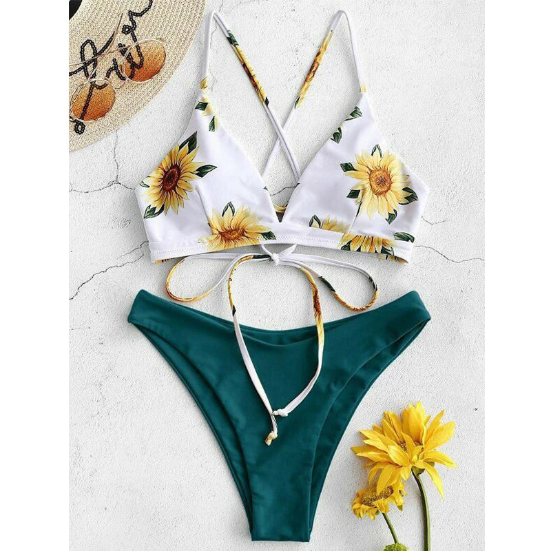 Sunflower Printed Bikini Set Sexy Swimwear Women  Push Up Padded Bathers Bandage Bathing Suit Swimsuit Bikini