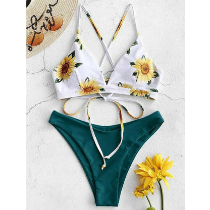 Sunflower Printed Bikini Set Sexy Swimwear Women  Push Up Padded Bathers Bandage Bathing Suit Swimsuit Bikini