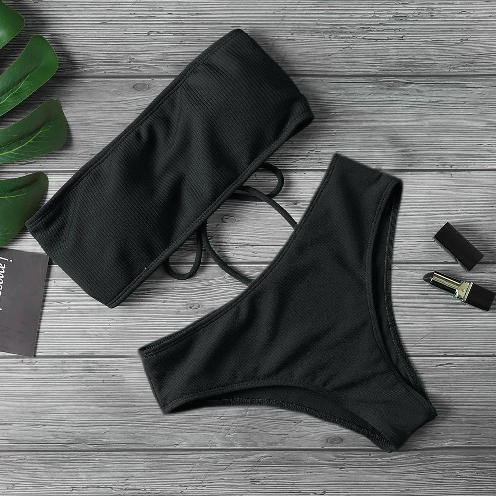 New Bikini Women Swimwear High Waist Strapless Sexy Bikini Pure Color Women Swimsuit Padded Bathing Suit