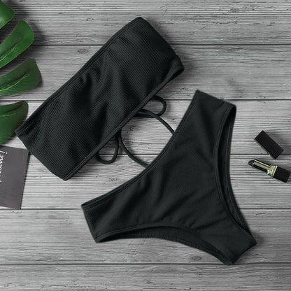 New Bikini Women Swimwear High Waist Strapless Sexy Bikini Pure Color Women Swimsuit Padded Bathing Suit