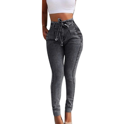Women Fashion Belted High Waist Skinny Jeans lady Stretch Denim Tassel belt Bandage Female Long Pants