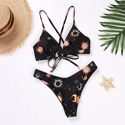 Sunflower Printed Bikini Set Sexy Swimwear Women  Push Up Padded Bathers Bandage Bathing Suit Swimsuit Bikini