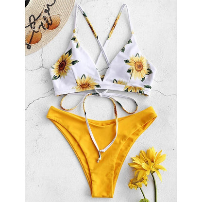 Sunflower Printed Bikini Set Sexy Swimwear Women  Push Up Padded Bathers Bandage Bathing Suit Swimsuit Bikini