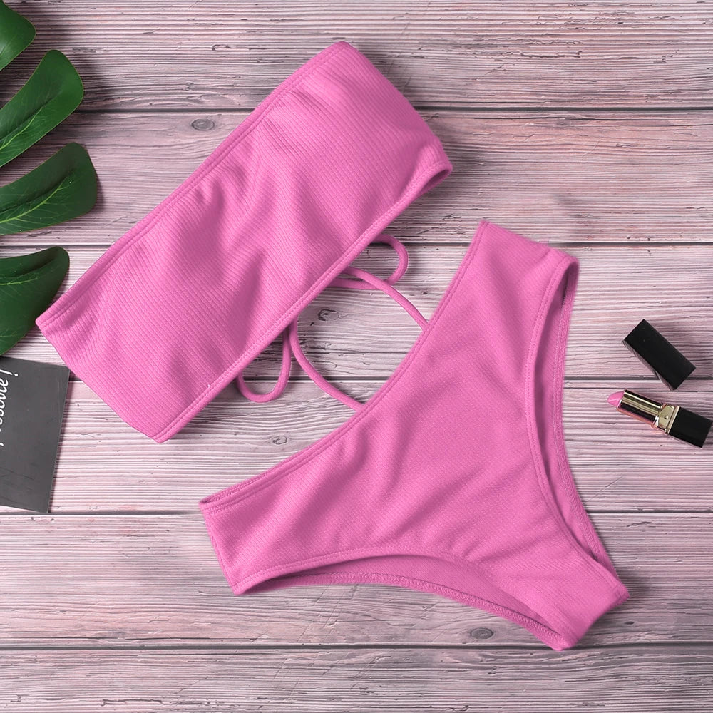 New Bikini Women Swimwear High Waist Strapless Sexy Bikini Pure Color Women Swimsuit Padded Bathing Suit