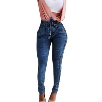 Women Fashion Belted High Waist Skinny Jeans lady Stretch Denim Tassel belt Bandage Female Long Pants