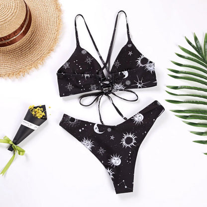 Sunflower Printed Bikini Set Sexy Swimwear Women  Push Up Padded Bathers Bandage Bathing Suit Swimsuit Bikini