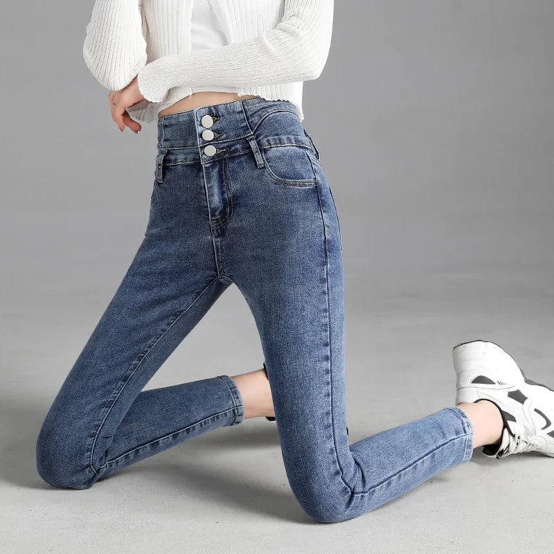 High-quality New Vintage High-waist Stretch Skinny Jeans, Women's Fashion Stretch Button Pencil Pants, Mom Casual Jeans Pants