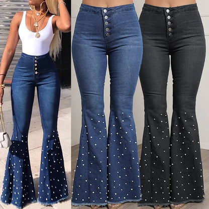 New Stretch Jeans Casual Beaded Flares High-waisted Street Hipster Trousers