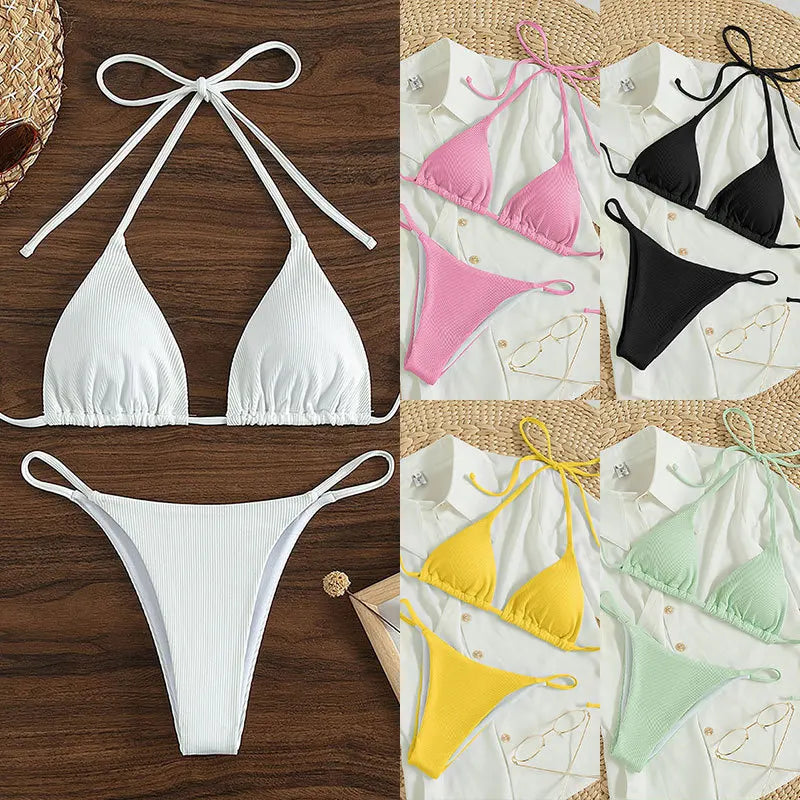 Special Pit Stripe Fabric Bikini Set Women Sexy Simple Solid Halter Bikini Swimsuit High Waisted Lace Up Beach Bathing Suit