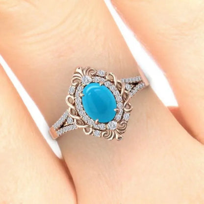 European and American new women's fashion retro court style blue turquoise engraved ring