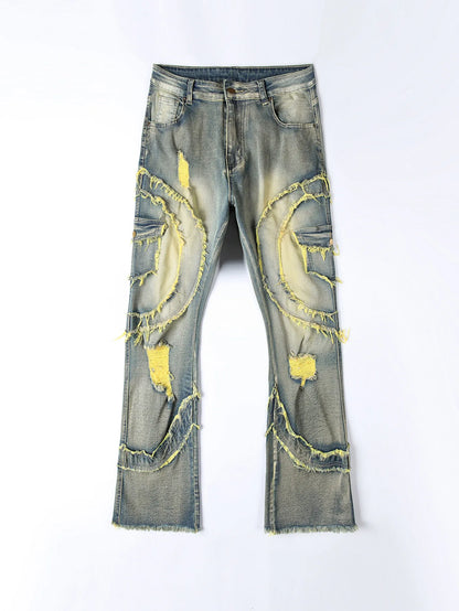 2025 New European and American men's casual jeans, street punk fashion, retro, ripped hole, slightly flared tassel elastic jeans