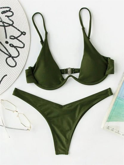 Sexy Underwire Bikini  Women Solid Red Push Up Bra Thong Swimsuit Haler V Neck Bathing Suit Mini Micro Thong Swimwear