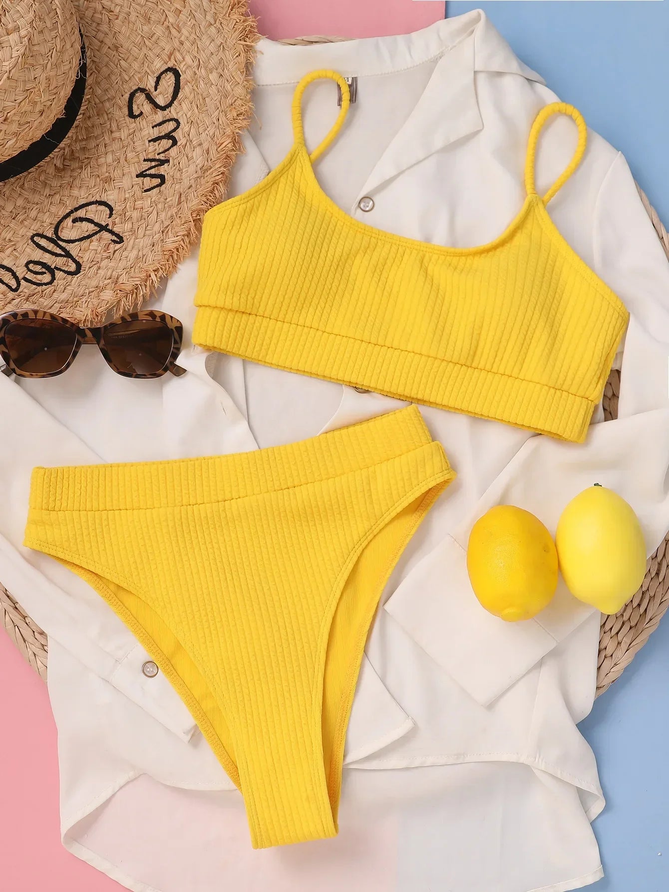 Sexy Solid Yellow Bikini High Cut Pleate Women's Swimsuit Separate Beach Bathing Suit High Waist Swimwear Biquini New