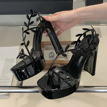 Liyke Summer Fashion Patent Leather Gold Leaf Women Sandals Elegant Square Toe Platform High Heels Wedding Banquet Shoes Size 42