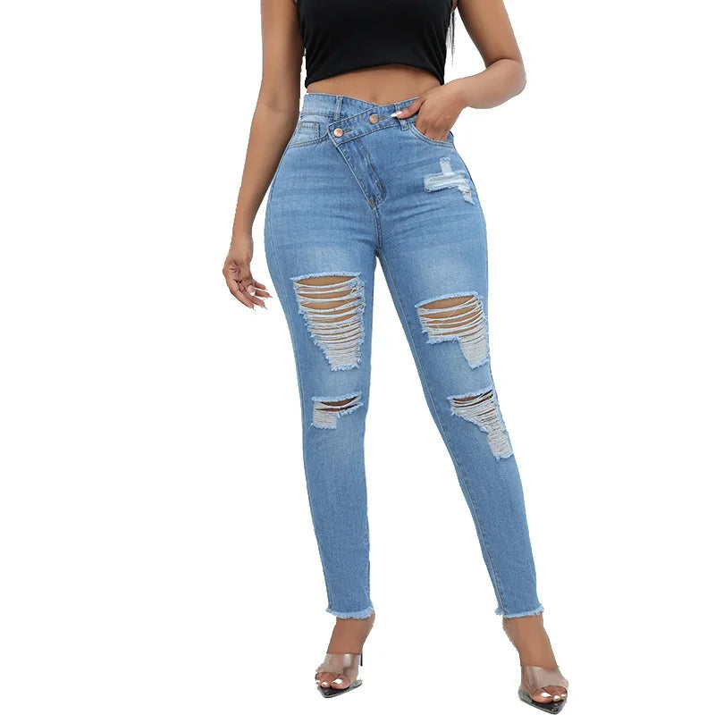 2024 New High Waist Diagonal Button Design Ripped Jeans For Women Fashion Stretch Slim Denim Pencil Pants Skinny Trousers XS-2XL