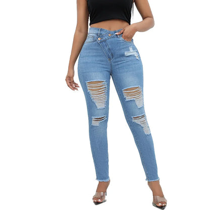 2024 New High Waist Diagonal Button Design Ripped Jeans For Women Fashion Stretch Slim Denim Pencil Pants Skinny Trousers XS-2XL