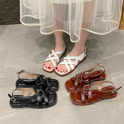 Smile Women Sandals Roman Retro Woven Fashion Sandals Spring New Rubber Low Heel Square Toe Beach Sandals Korean Version Sandals
