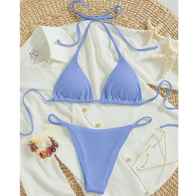 Special Pit Stripe Fabric Bikini Set Women Sexy Simple Solid Halter Bikini Swimsuit High Waisted Lace Up Beach Bathing Suit