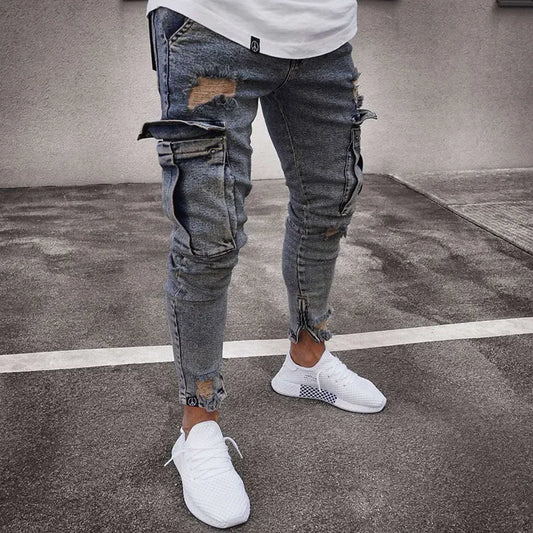 Spring New Hot Sale Stretch Men's Jeans Fashion Trendy Casual Knee Wear-Resistant Comfortable Zipper Feet Skateboard Pants