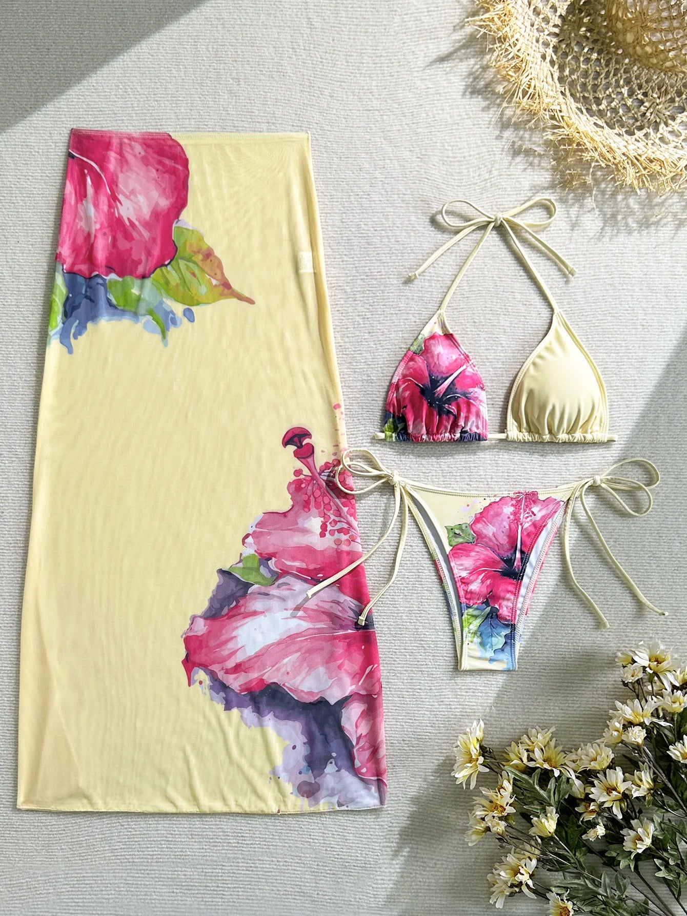 New Flower Print Bikini Set Women's High Waist Long Skirt 3 Piece Swimsuit Sexy Mini Triangle Backless Thong Bathing Suit