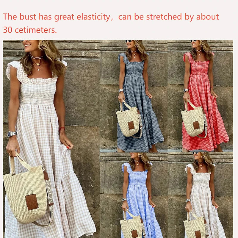 Luxury Ruffle Fly Sleeve Long Dress Square Neck Large Swing Plaid Party Evening Dress Casual Retro Beach Holiday Women's Clothes
