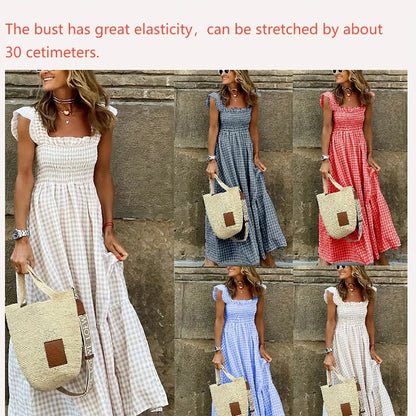 Luxury Ruffle Fly Sleeve Long Dress Square Neck Large Swing Plaid Party Evening Dress Casual Retro Beach Holiday Women's Clothes