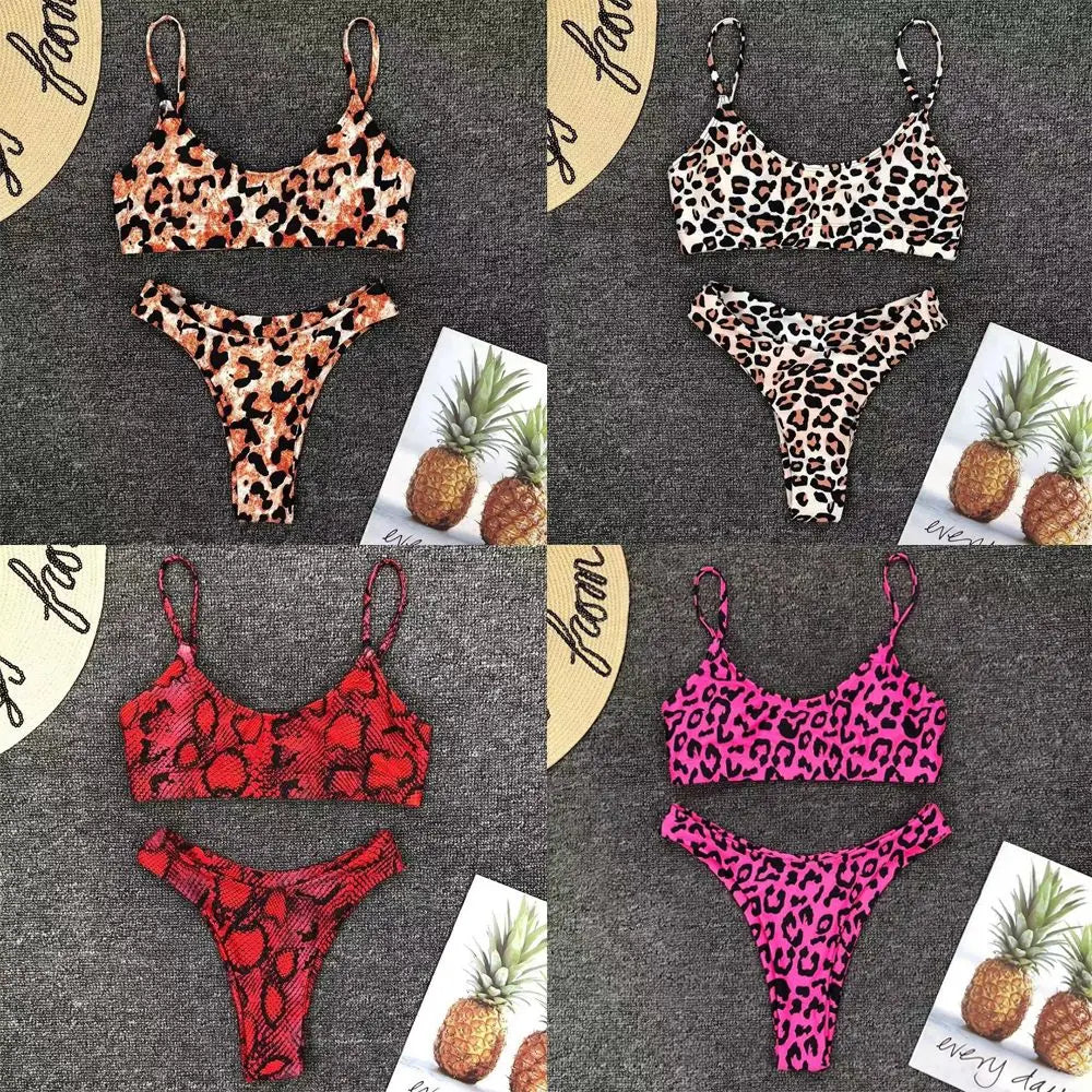 Vacation Low Waist Two Piece Sexy Bikini Set Leopard Print Swimsuit Split Swimwear