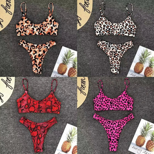 Vacation Low Waist Two Piece Sexy Bikini Set Leopard Print Swimsuit Split Swimwear