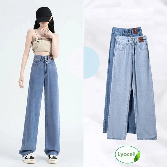 Lyocell Jeans Summer Thin High Waisted Wide Pants Korean Stretch Women Jeans Fashion Street Straight Denim Trousers Baggy Jeans