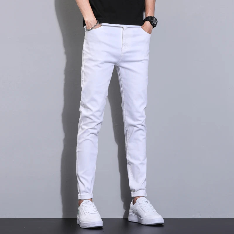 Summer men's pure white jeans high-end comfortable slim fit denim pants versatile micro elastic straight leg casual pants